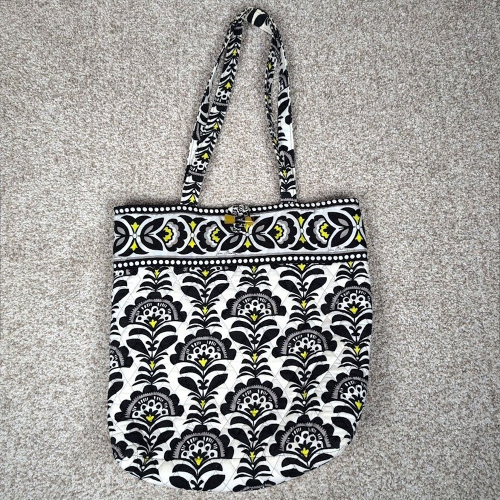 Vera Bradley Fanfare Large Quilted Tote Bag Black White Yellow Floral Pattern‎